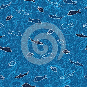 Seamless vector textured pattern with ish swimming in blue ocean