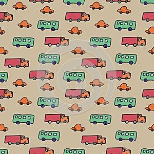 Seamless vector transportation themed vetor pattern with trucks cars and buses