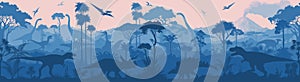 Seamless vector tropical forest with Stegosaurus, Tyrannosaurus, triceratops, quetzalcoatlus, Parasaurolophus, Brachiosaurus photo