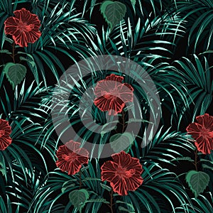 Seamless vector tropical pattern with green palm leaves and dark hibiscus flowers.