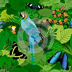 Seamless vector tropical rainforest Jungle background with ara makaw parrot, python and butterflies