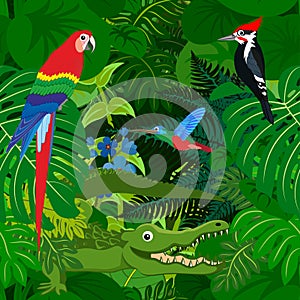 Seamless vector tropical rainforest Jungle background with kids animals