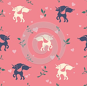 Seamless vector unicorn pattern with hearts and flowers.