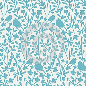 Seamless vector vintage pattern with birds sitting on floral braches