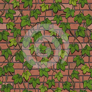 Seamless vector of a wall made of red bricks twisted with ivy