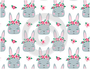 Seamless vector wallpaper for babys. Pattern with rabbits in flower wreaths,isolated on white background. Cute cartoon