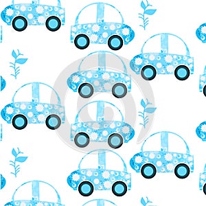 Seamless vector watercolor pattern with car. It is located in swatch menu
