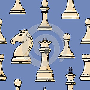 Seamless vector white chess pieces pattern. Flat illustration