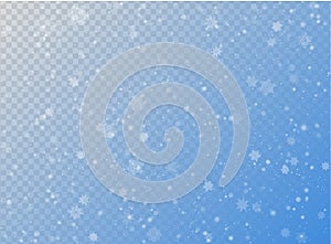 Seamless vector white snowfall effect on blue transparent horizontal background. Overlay snow flake Christmas or New Year winter photo