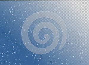 Seamless vector white snowfall effect on blue transparent horizontal background. Overlay snow flake Christmas or New Year winter