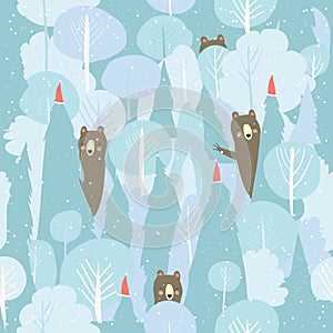 Seamless vector winter forest pattern. Christmas background