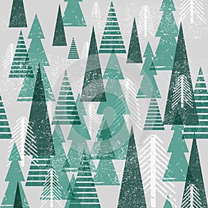 Seamless vector winter forest pattern. Christmas background. Green trees in clouds. Grunge texture graphic simple