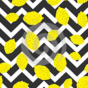 Seamless vector yellow lemons on black and white striped zigzag pattern. 10 eps chaotic citrus and lemon background
