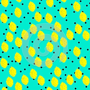 Seamless vector yellow lemons on cyan background with polka dots on. 10 eps citrus pattern with chaotic elements. For design, fab