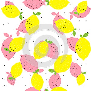 Seamless vector yellow lemons on white background with polka dots on. For design, fabric, textile, cover, web