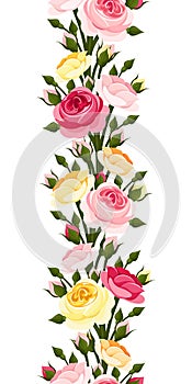 Seamless vertical border with red, pink, orange and yellow roses. Vector illustration.