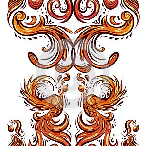 Seamless vertical border with vintage phoenix with curls and feathers. background of orange birds with tails and wings