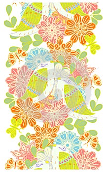 Seamless vertical colorful bright pattern with flowers and birds