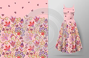 Seamless vertical fantasy flowers pattern. Hand draw floral background on dress mockup. Vector. Traditional eastern