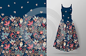 Seamless vertical fantasy flowers pattern. Hand draw floral background on dress mockup. Vector. Traditional eastern