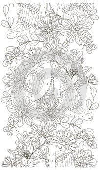 Seamless vertical monochrome pattern with flowers and birds