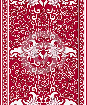 Seamless vertical pattern in a Chinese style. Borders of white flowers and curls on red background.