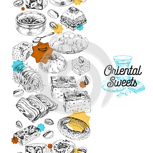 Seamless vertical pattern composition with oriental sweets, hand drawn retro vector illustration.