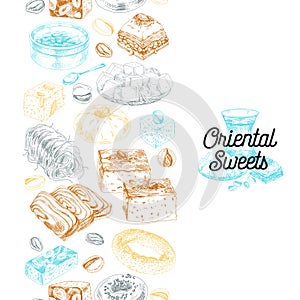 Seamless vertical pattern composition with oriental sweets, hand drawn retro vector illustration.