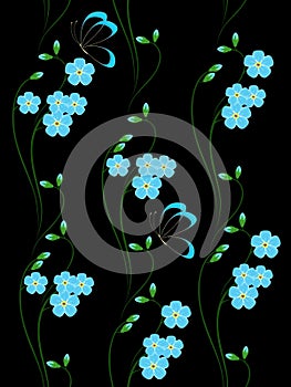 Seamless, vertical pattern with forget me not flowers and butterflies.