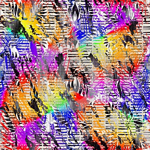 Seamless vibrant rainbow painted texture. Bold psychedelic neon artistic background. Washed crayon scribble imperfect