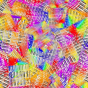 Seamless vibrant rainbow painted texture. Bold psychedelic neon artistic background. Washed crayon scribble imperfect