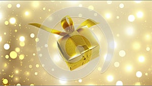 seamless videoloop rotation golden animated christmas gift box present on festive glitter lights bokeh golden background