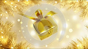 seamless videoloop rotation golden gift box present on festive glitter golden background in frame made from Christmas