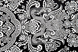 Seamless vintage abstract white floral pattern on black textiles fabric