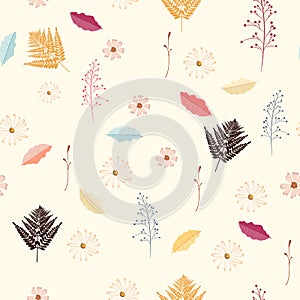 Seamless vintage background pattern with autumn leaves, flowers, fern and herbs.