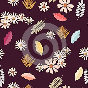 Seamless vintage background pattern with autumn leaves, flowers, fern and herbs