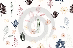 Seamless vintage background pattern with autumn leaves, flowers, fern and herbs.
