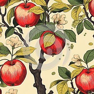 Seamless Vintage Botanical Pattern of Red Apples on a Tree