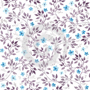 Seamless vintage floral background with cute ditsy flowers and leaves. Watercolour painted art