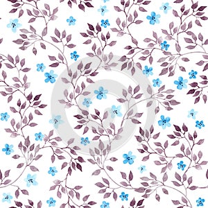 Seamless vintage floral background with cute flowers and leaves. Watercolour painted art