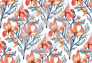 Seamless vintage floral pattern. Decorative flowers are drawn on paper with colored pencils. Handmade. Grunge texture