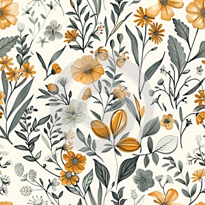 Seamless Vintage Floral Pattern with Delicate Botanical Illustration photo