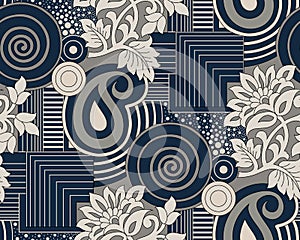 Seamless vintage floral pattern with geometrical shapes