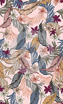 Seamless Vintage Floral Pattern with Leaves, Colorful Hand Drawn Tropical Leaves.