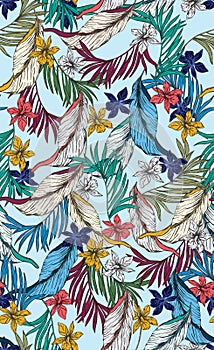 Seamless Vintage Floral Pattern with Leaves, Colorful Hand Drawn Tropical Leaves.