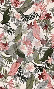 Seamless Vintage Floral Pattern with Leaves, Colorful Hand Drawn Tropical Leaves.