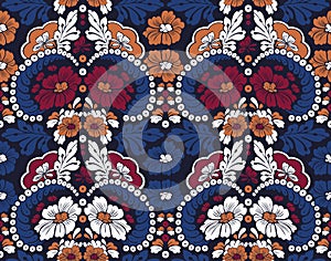 Seamless vintage floral pattern with leaves on dark blue background. White, dark red flowers with blue leaves.