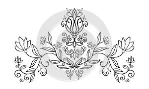 Seamless vintage floral symmetry border with fantasy flowers, leaves, curls on white isolated background.