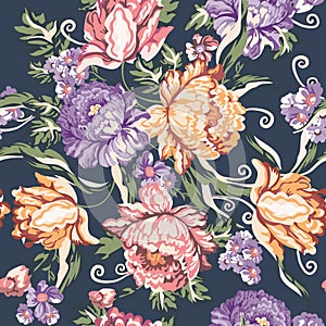 Seamless vintage flower and curls pattern on navy background