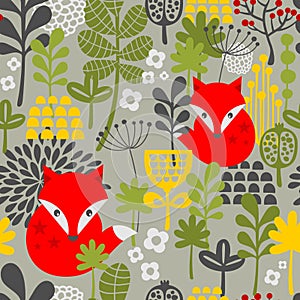 Seamless vintage fox and flowers pattern.
